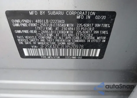 2020 Subaru Forester z USA, uszkodzony, nr VIN JF2SKADC2LH520978